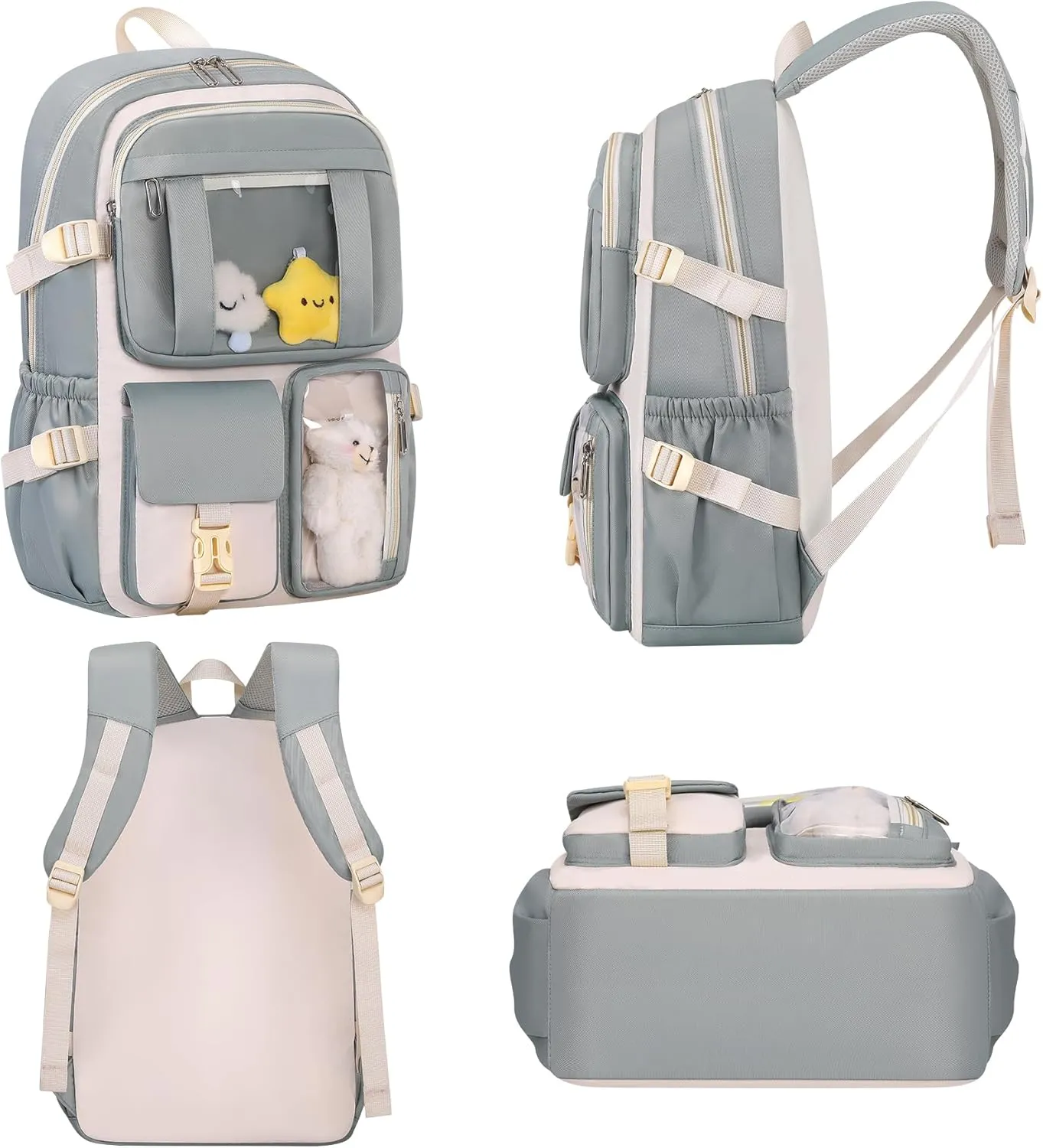 HORHREAR Kawaii Backpack 5Pcs Set for School, Cute Clear Backpack Preppy with Aesthetics Pendant for Girls Boys Primary Bag (Set-Light Green)