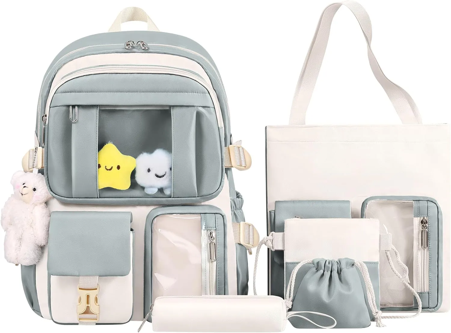 HORHREAR Kawaii Backpack 5Pcs Set for School, Cute Clear Backpack Preppy with Aesthetics Pendant for Girls Boys Primary Bag (Set-Light Green)