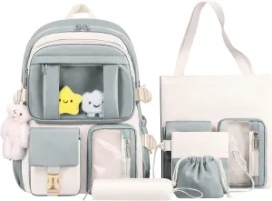 HORHREAR Kawaii Backpack 5Pcs Set for School, Cute Clear Backpack Preppy with Aesthetics Pendant for Girls Boys Primary Bag (Set-Light Green)