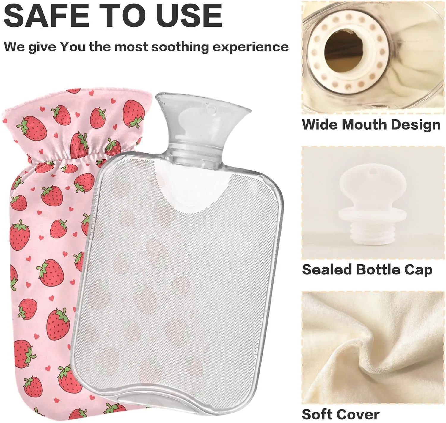 Hot Water Bottle with Cute Cover, 2L Hot Water Bag for Tummy Cramps Neck and Shoulder Waist Pain Relief, Hand Feet Bed Warmer, Sweet Strawberries Pink