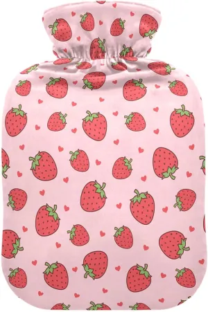 Hot Water Bottle with Cute Cover, 2L Hot Water Bag for Tummy Cramps Neck and Shoulder Waist Pain Relief, Hand Feet Bed Warmer, Sweet Strawberries Pink