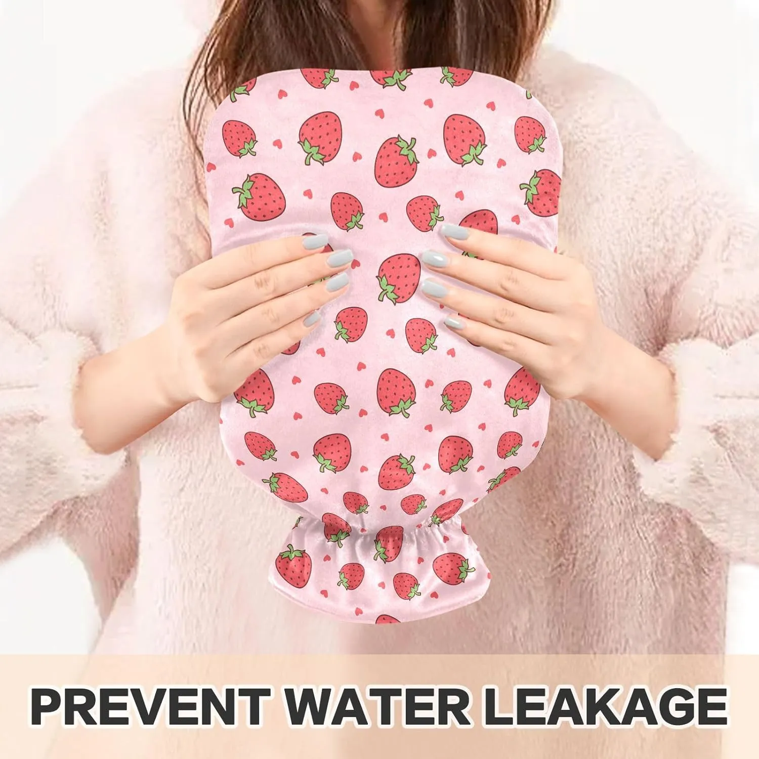 Hot Water Bottle with Cute Cover, 2L Hot Water Bag for Tummy Cramps Neck and Shoulder Waist Pain Relief, Hand Feet Bed Warmer, Sweet Strawberries Pink