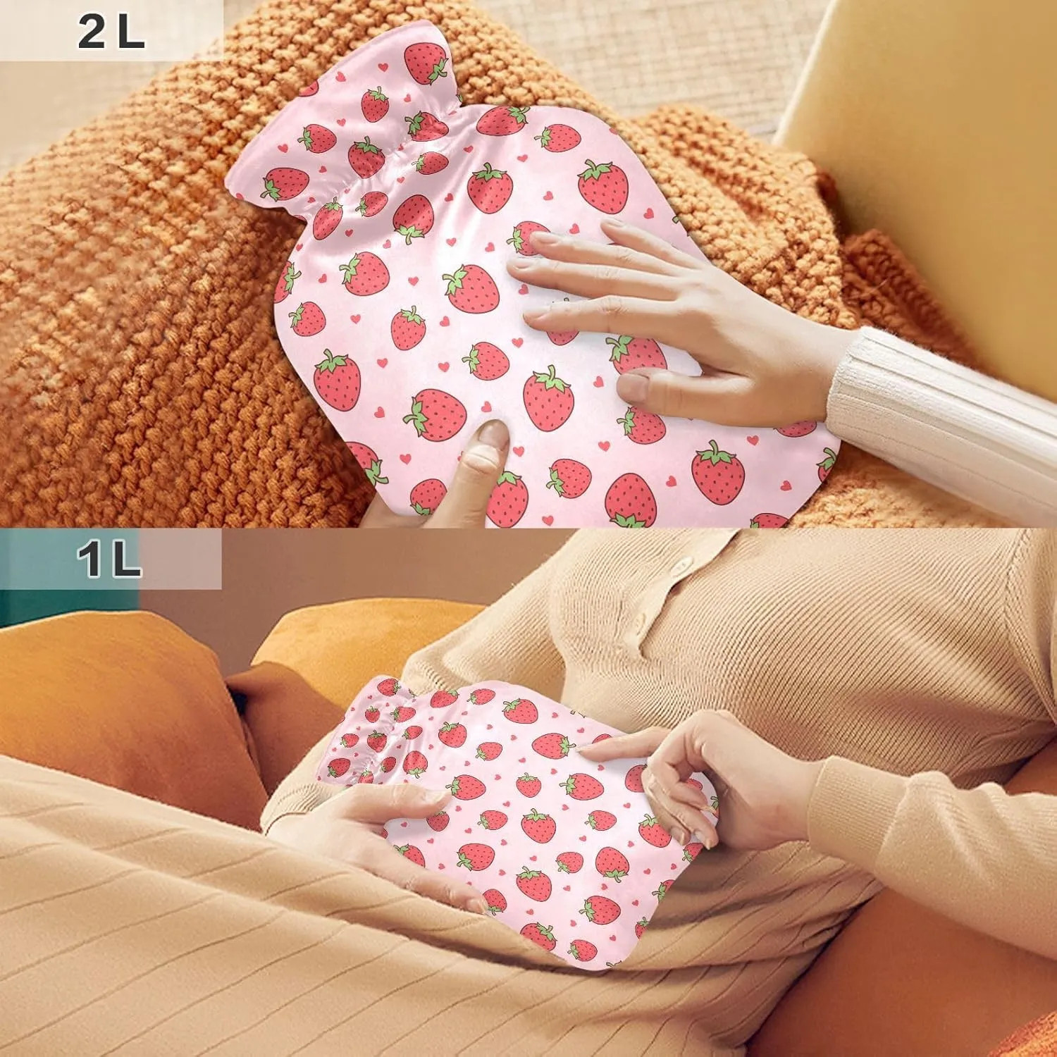Hot Water Bottle with Cute Cover, 2L Hot Water Bag for Tummy Cramps Neck and Shoulder Waist Pain Relief, Hand Feet Bed Warmer, Sweet Strawberries Pink