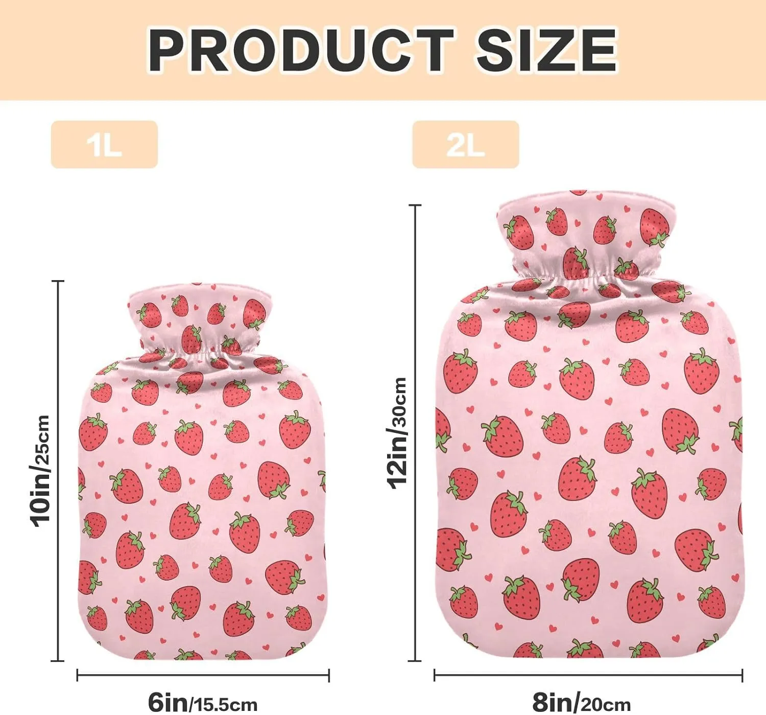 Hot Water Bottle with Cute Cover, 2L Hot Water Bag for Tummy Cramps Neck and Shoulder Waist Pain Relief, Hand Feet Bed Warmer, Sweet Strawberries Pink