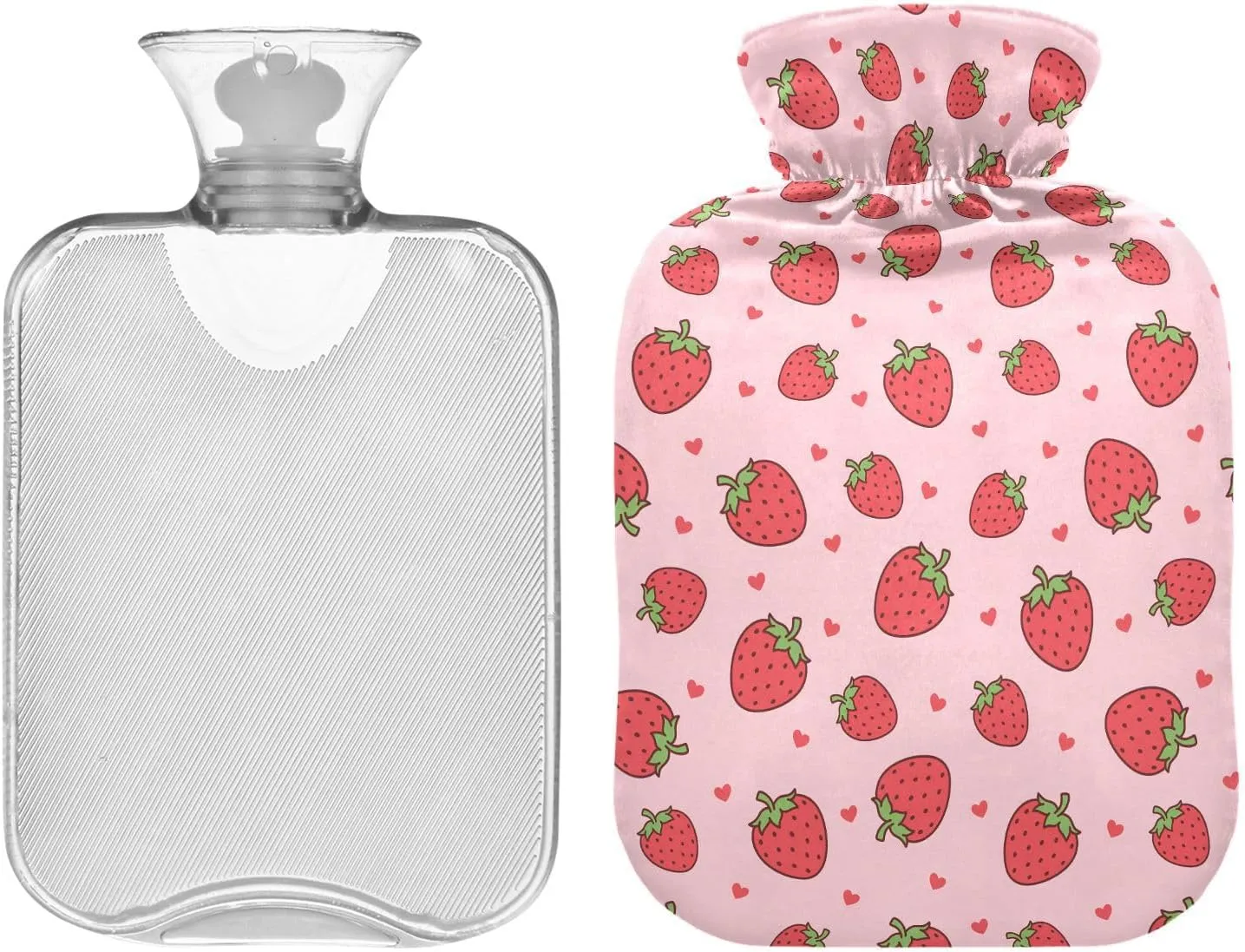 Hot Water Bottle with Cute Cover, 2L Hot Water Bag for Tummy Cramps Neck and Shoulder Waist Pain Relief, Hand Feet Bed Warmer, Sweet Strawberries Pink