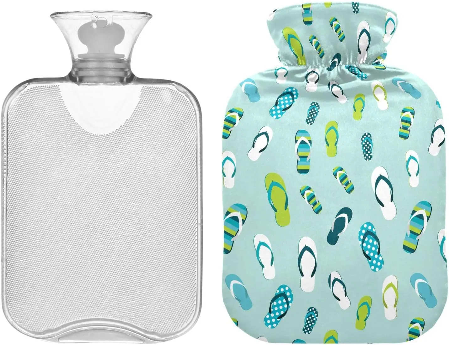 Hot Water Bottle with Soft Cover, 2L Winter Hot Water Bag for Neck, Shoulders and Legs Pain Relief, Menstrual Cramps, Hot and Cold Therapies, Vibrant Flip Flops Aqua
