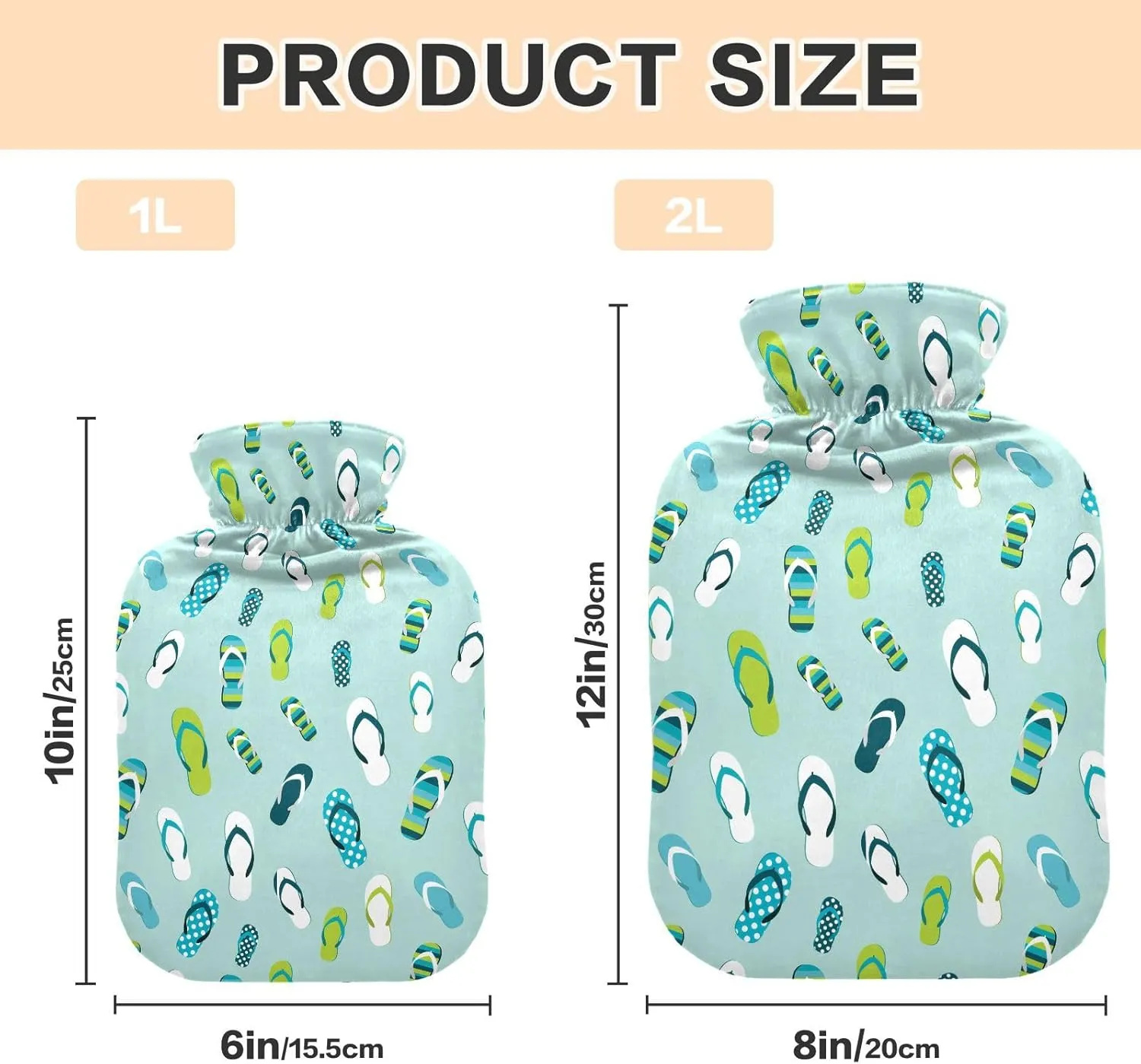 Hot Water Bottle with Soft Cover, 2L Winter Hot Water Bag for Neck, Shoulders and Legs Pain Relief, Menstrual Cramps, Hot and Cold Therapies, Vibrant Flip Flops Aqua