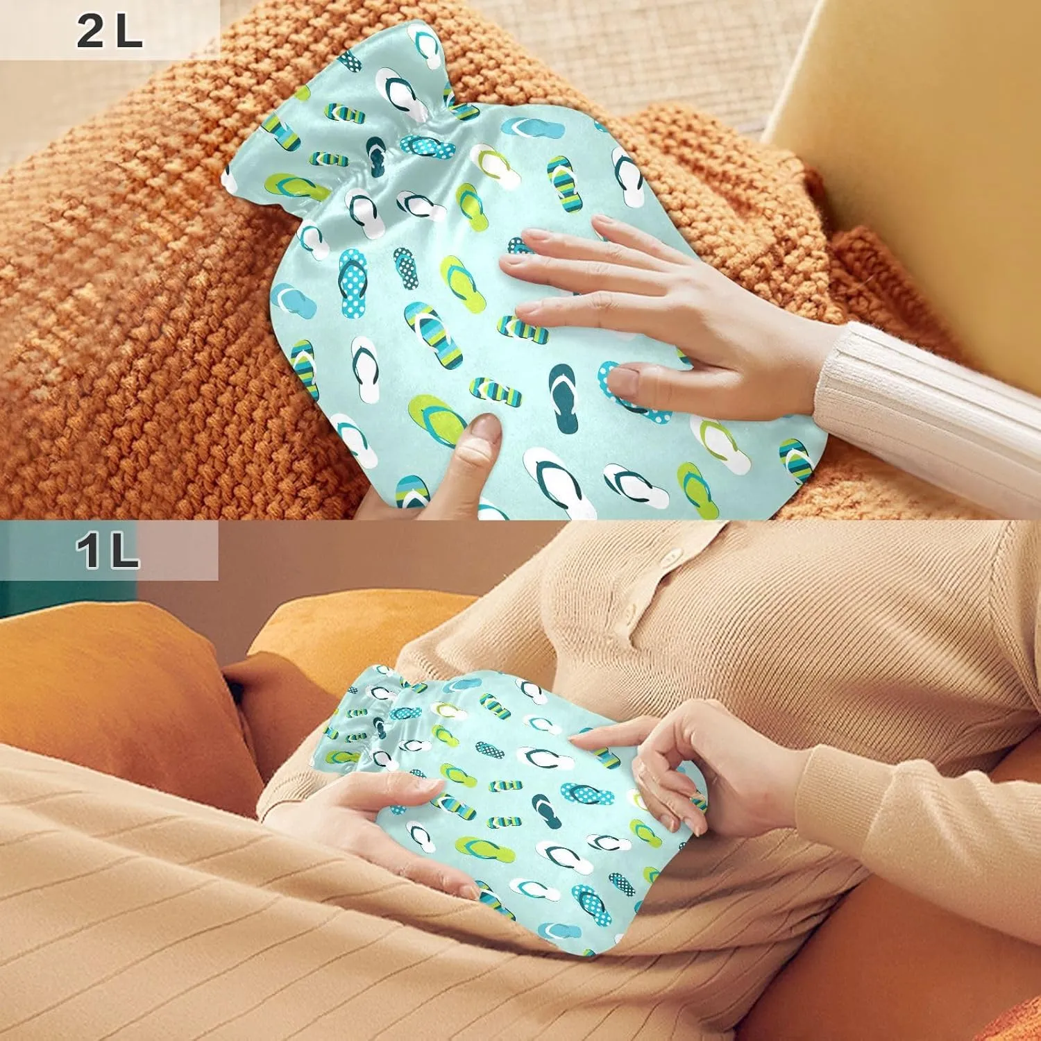 Hot Water Bottle with Soft Cover, 2L Winter Hot Water Bag for Neck, Shoulders and Legs Pain Relief, Menstrual Cramps, Hot and Cold Therapies, Vibrant Flip Flops Aqua