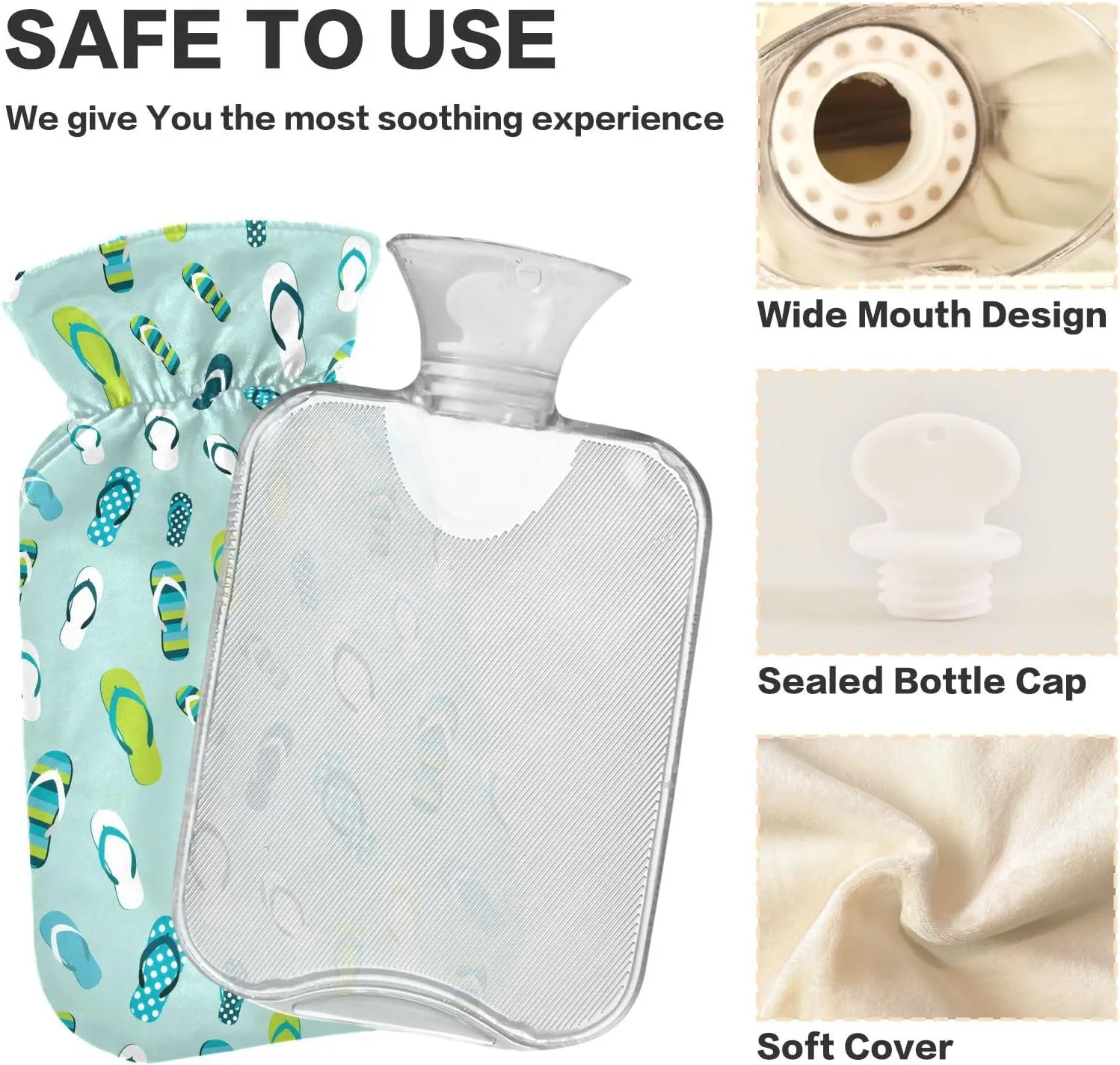 Hot Water Bottle with Soft Cover, 2L Winter Hot Water Bag for Neck, Shoulders and Legs Pain Relief, Menstrual Cramps, Hot and Cold Therapies, Vibrant Flip Flops Aqua