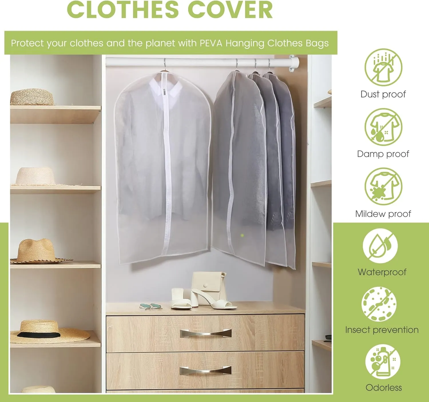 HOUSE DAY Clear Garment Bags, Suit Bags for Closet Storage and Travel 40 inch, Hanging Garment bags for Travel, Dust Suit Cover Bags, Washable Hanging Clothes Bag for Suit, Jacket, Coats(Set of 5)