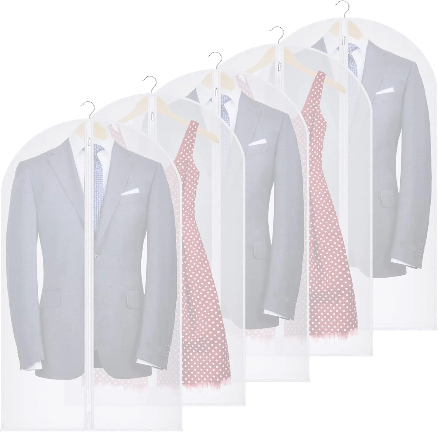 HOUSE DAY Clear Garment Bags, Suit Bags for Closet Storage and Travel 40 inch, Hanging Garment bags for Travel, Dust Suit Cover Bags, Washable Hanging Clothes Bag for Suit, Jacket, Coats(Set of 5)