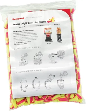 Howard Leight Laser Lite Hi-Visibility Earplug Refill for HL400 Dispenser, 200 Pairs (LPF-LS4-REFILL), Yellow/Magenta