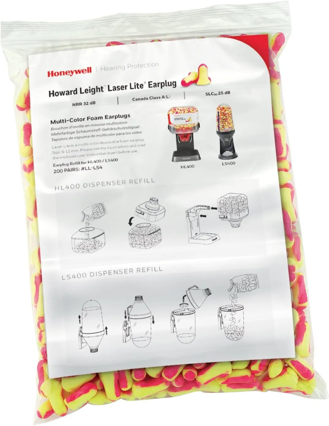 Howard Leight Laser Lite Hi-Visibility Earplug Refill for HL400 Dispenser, 200 Pairs (LPF-LS4-REFILL), Yellow/Magenta