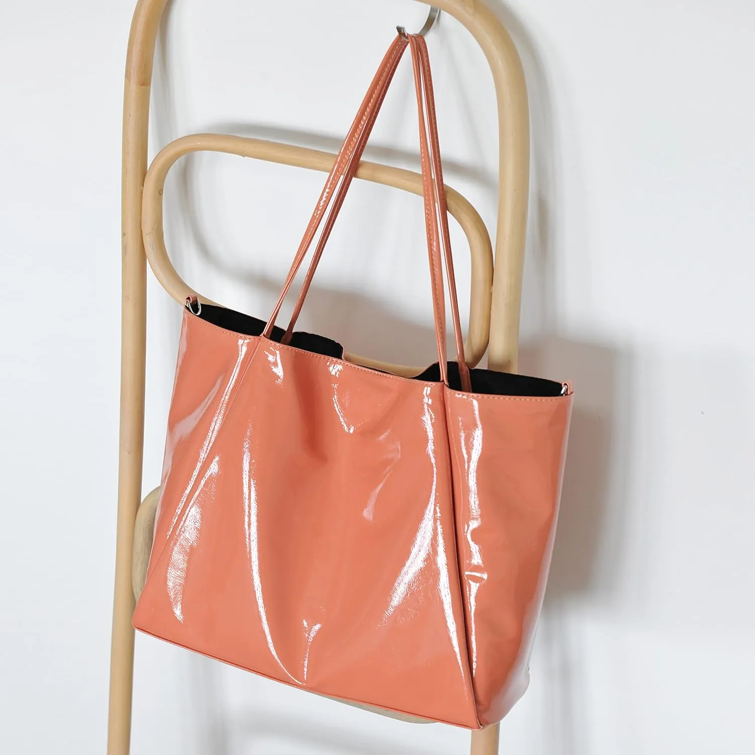 HOXIS Shiny Patent Faux Leather Tote Glossy Shoulder Handbag for Women Convertible Purse