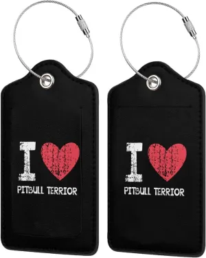 I Love Pitbull Terrior Leather Baggage Bag Luggage Tags with Stainless Steel Loop and Privacy Cover, 2 PCS, Black