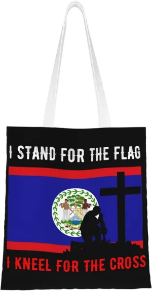 I Stand For The Belize Flag And I Kneel For The Cross Tote Bag for Women Canvas Shopping Bags Reusable Large Capacity Casual Shoulder Handbags Grocery Bags DIY Gift Bags