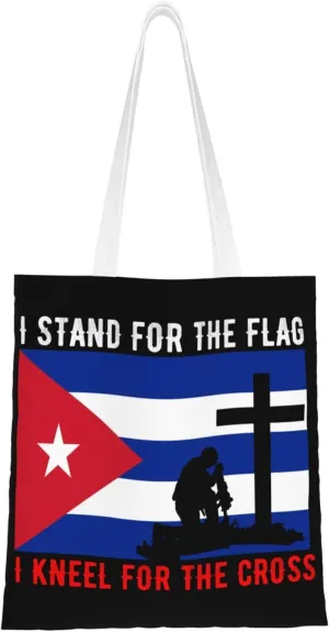 I Stand For The Cuba Flag And I Kneel For The Cross Tote Bag for Women Canvas Shopping Bags Reusable Large Capacity Casual Shoulder Handbags Grocery Bags DIY Gift Bags