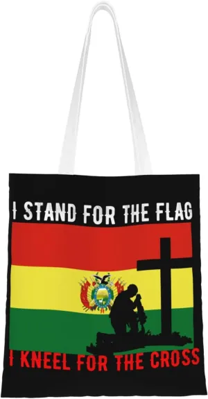 I Stand For The Flag And I Kneel For The Cross Tote Bag for Women Canvas Shopping Bags Reusable Large Capacity Casual Shoulder Handbags Grocery Bags DIY Gift Bags