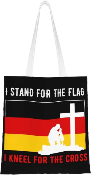 I Stand For The Germany Flag And I Kneel For The Cross Tote Bag for Women Canvas Shopping Bags Reusable Large Capacity Casual Shoulder Handbags Grocery Bags DIY Gift Bags