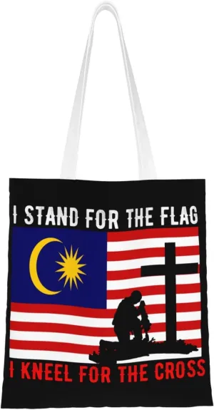 I Stand For The Malaysia Flag And I Kneel For The Cross Tote Bag for Women Canvas Shopping Bags Reusable Large Capacity Casual Shoulder Handbags Grocery Bags