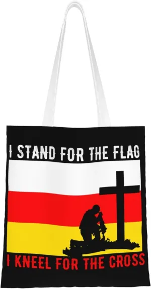 I Stand For The South Ossetia Flag And I Kneel For The Cross Tote Bag for Women Canvas Shopping Bags Reusable Large Capacity Casual Shoulder Handbags Grocery Bags DIY Gift Bags