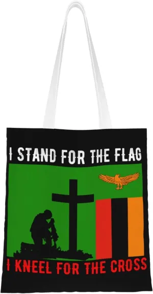 I Stand For The Zambia Flag And I Kneel For The Cross Tote Bag for Women Canvas Shopping Bags Reusable Large Capacity Casual Shoulder Handbags Grocery Bags DIY Gift Bags