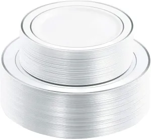 I00000 102pcs Silver Plastic Plates, Disposable Plastic Party Plates with White Silver Rim Fancy Wedding Party Plates Include 51 Dinner Plates 10.25" and 51 Dessert Appetizer Plates 7.5"
