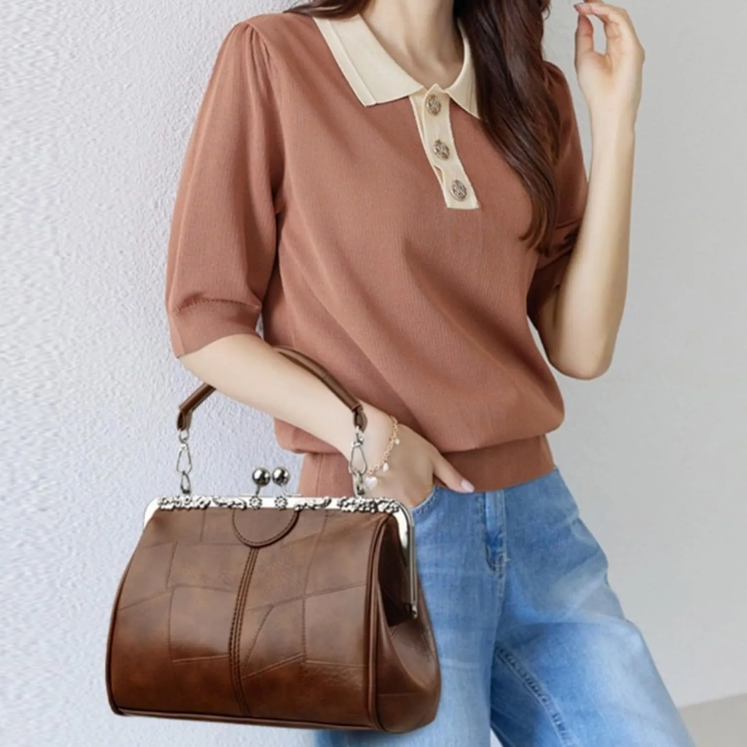 IAMUHI Women Fashion Glossy Soft PU Leather Evening Handbag Purse Vintage Kiss Lock Shell Shape Crossbody Clutch Bags