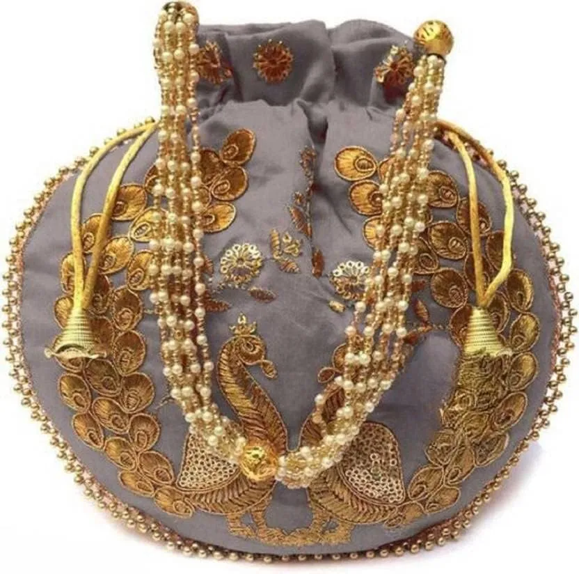 IGH Wholesale Lot | Handmade Embroidered Clutch Purse Potli Bag Drawstring Pouch Bag Peacock Embroidered Potli