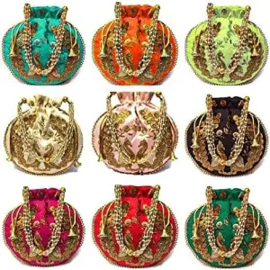 IGH Wholesale Lot | Handmade Embroidered Clutch Purse Potli Bag Drawstring Pouch Bag Peacock Embroidered Potli