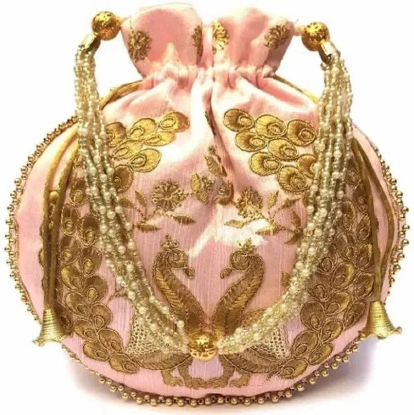 IGH Wholesale Lot | Handmade Embroidered Clutch Purse Potli Bag Drawstring Pouch Bag Peacock Embroidered Potli