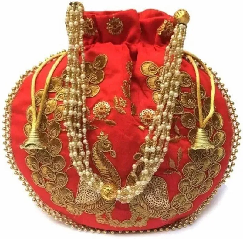 IGH Wholesale Lot | Handmade Embroidered Clutch Purse Potli Bag Drawstring Pouch Bag Peacock Embroidered Potli