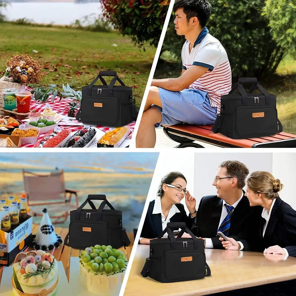iknoe Insulated Thickened Lunch Bag for Women & Men, 14L Soft Coolers Leak Proof, Insulated Tote Bags with Zippered Top Great for Work,Picnic and Beach, Black 18-Can