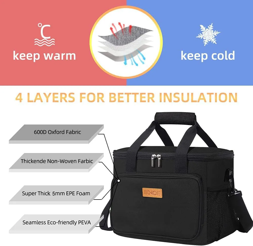 iknoe Insulated Thickened Lunch Bag for Women & Men, 14L Soft Coolers Leak Proof, Insulated Tote Bags with Zippered Top Great for Work,Picnic and Beach, Black 18-Can