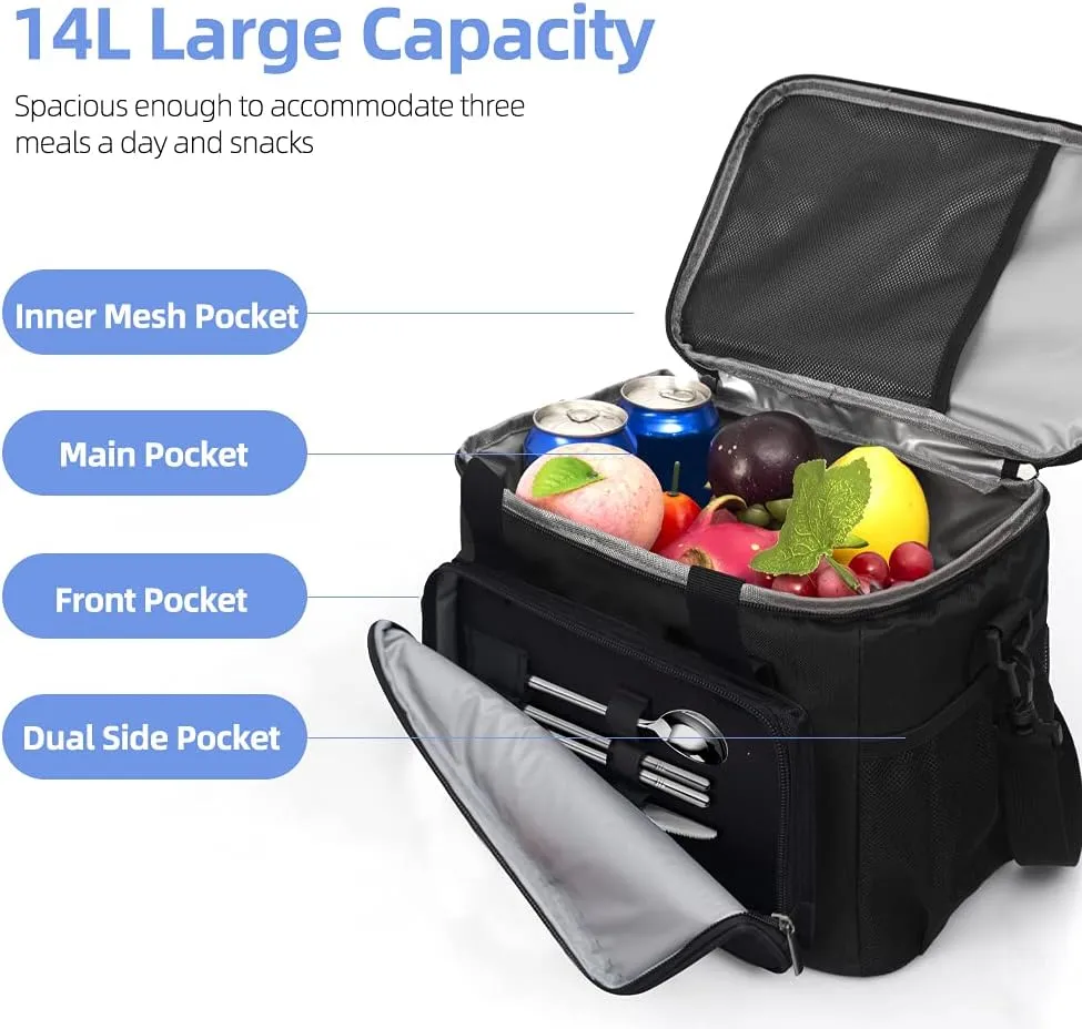 iknoe Insulated Thickened Lunch Bag for Women & Men, 14L Soft Coolers Leak Proof, Insulated Tote Bags with Zippered Top Great for Work,Picnic and Beach, Black 18-Can