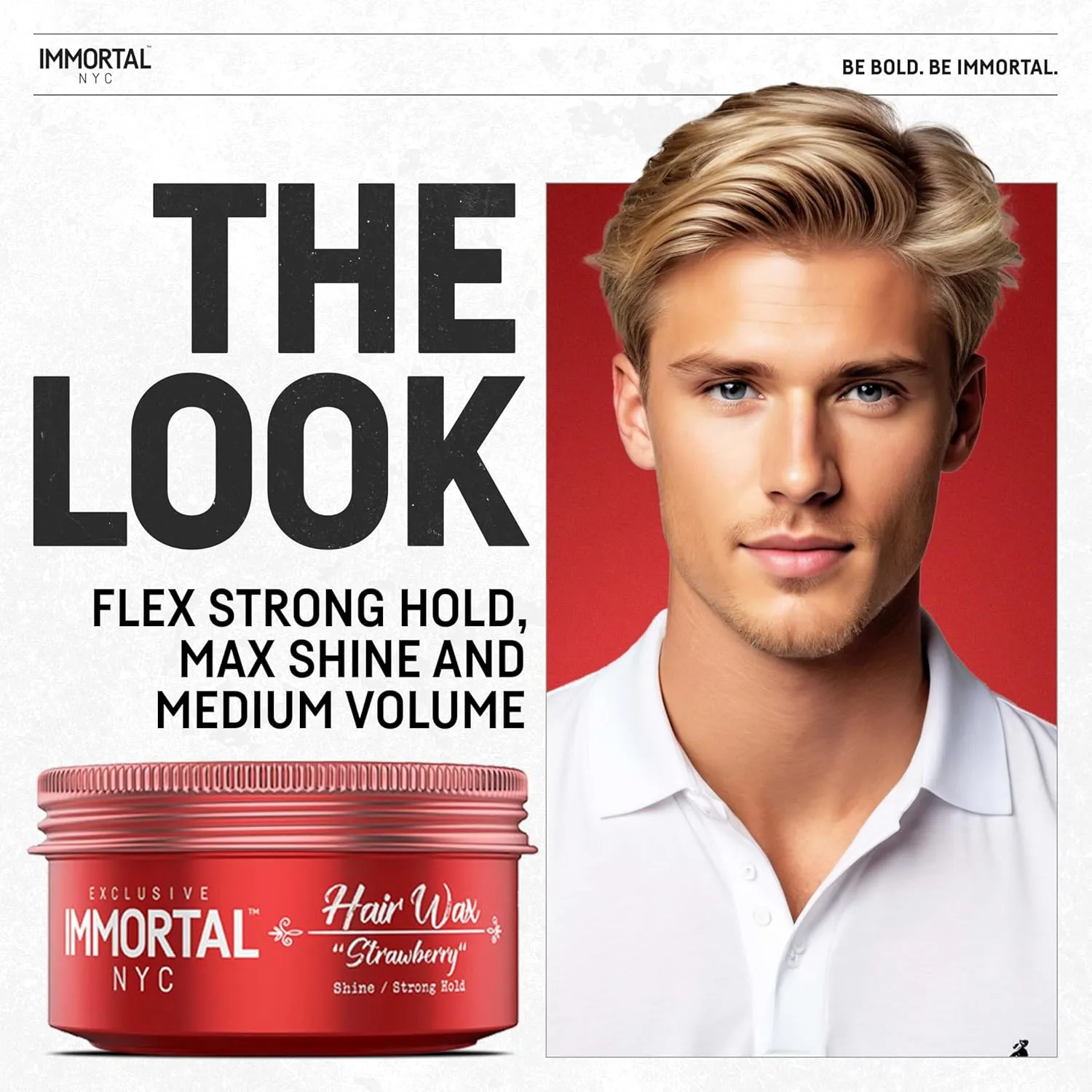 Immortal NYC Strawberry Hair Wax - 8 out of 9 Holding Ability, Max Shine - All Natural Water-Based Hair Wax for Men - No Residue, All Hair Types