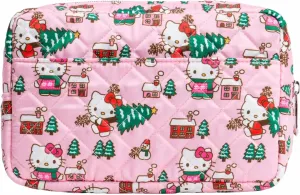 Impressions Vanity Hello Kitty Cozy Cosmetic Pouch for Women, Travel Makeup Bag Organizer Diamond Quilted Exterior with Slip Pocket and Zipper Pocket Silver Hardware, Holiday Artwork Polyester