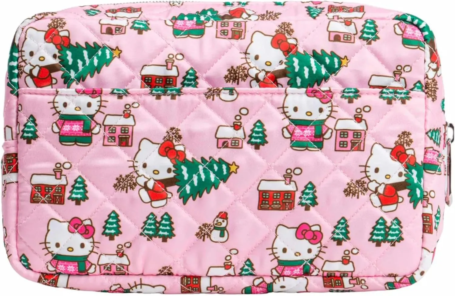 Impressions Vanity Hello Kitty Cozy Cosmetic Pouch for Women, Travel Makeup Bag Organizer Diamond Quilted Exterior with Slip Pocket and Zipper Pocket Silver Hardware, Holiday Artwork Polyester