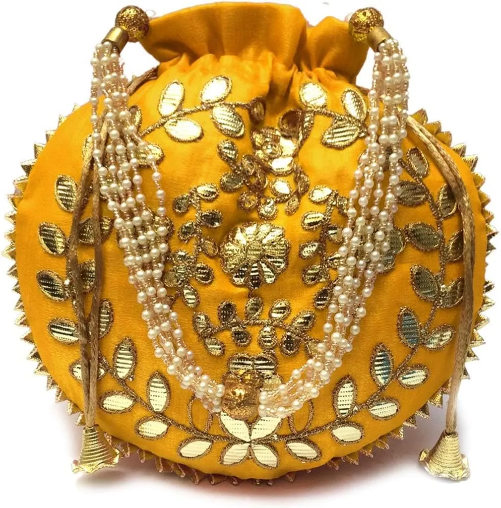 Indian Ethnic Designer Embroidered Silk Potli Bag Batwa Pearls Handle Purse Clutch Purse for Women Drawstring HL (cm) 23 * 24) Yellow