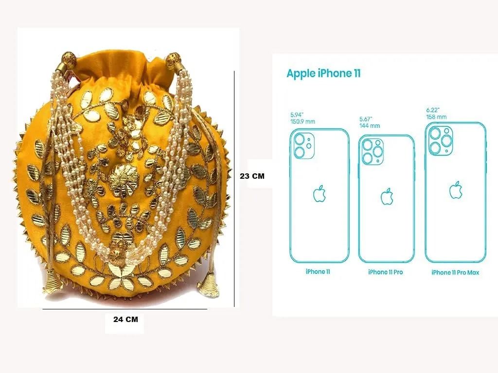 Indian Ethnic Designer Embroidered Silk Potli Bag Batwa Pearls Handle Purse Clutch Purse for Women Drawstring HL (cm) 23 * 24) Yellow