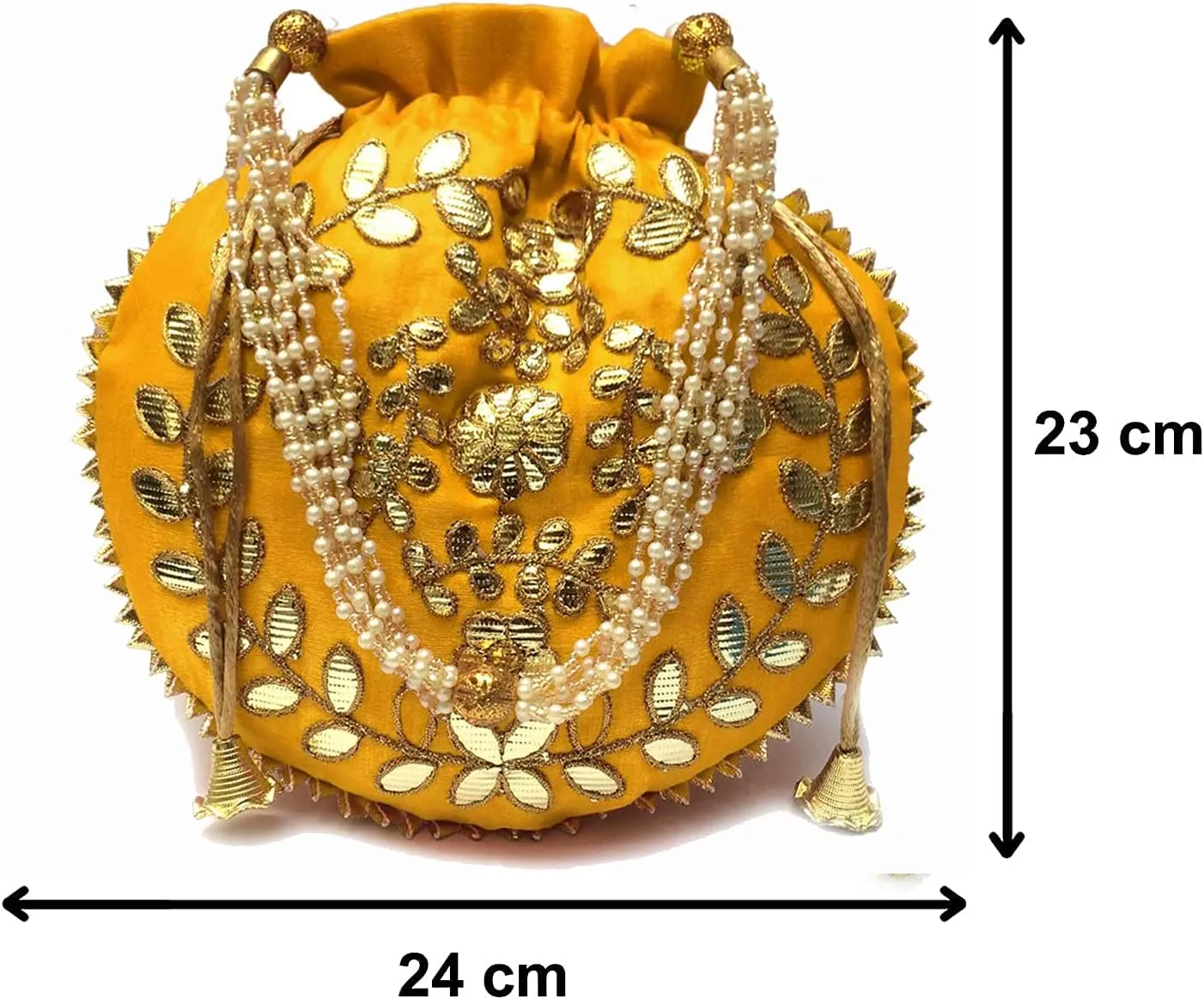 Indian Ethnic Designer Embroidered Silk Potli Bag Batwa Pearls Handle Purse Clutch Purse for Women Drawstring HL (cm) 23 * 24) Yellow