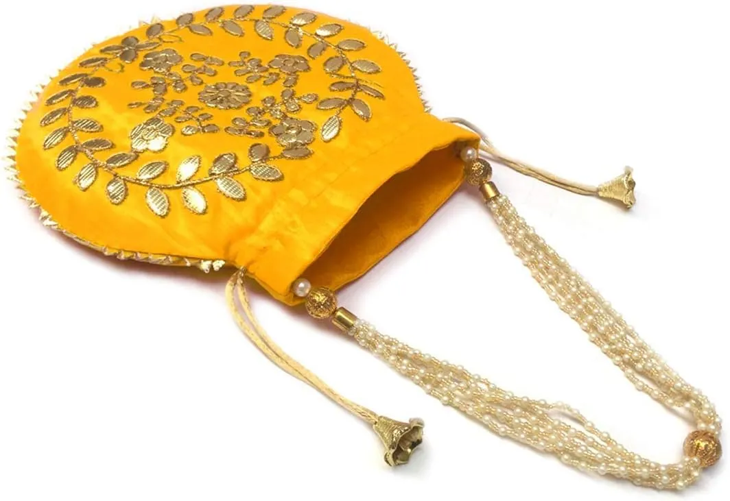 Indian Ethnic Designer Embroidered Silk Potli Bag Batwa Pearls Handle Purse Clutch Purse for Women Drawstring HL (cm) 23 * 24) Yellow