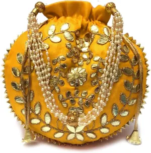 Indian Ethnic Designer Embroidered Silk Potli Bag Batwa Pearls Handle Purse Clutch Purse for Women Drawstring HL (cm) 23 * 24) Yellow
