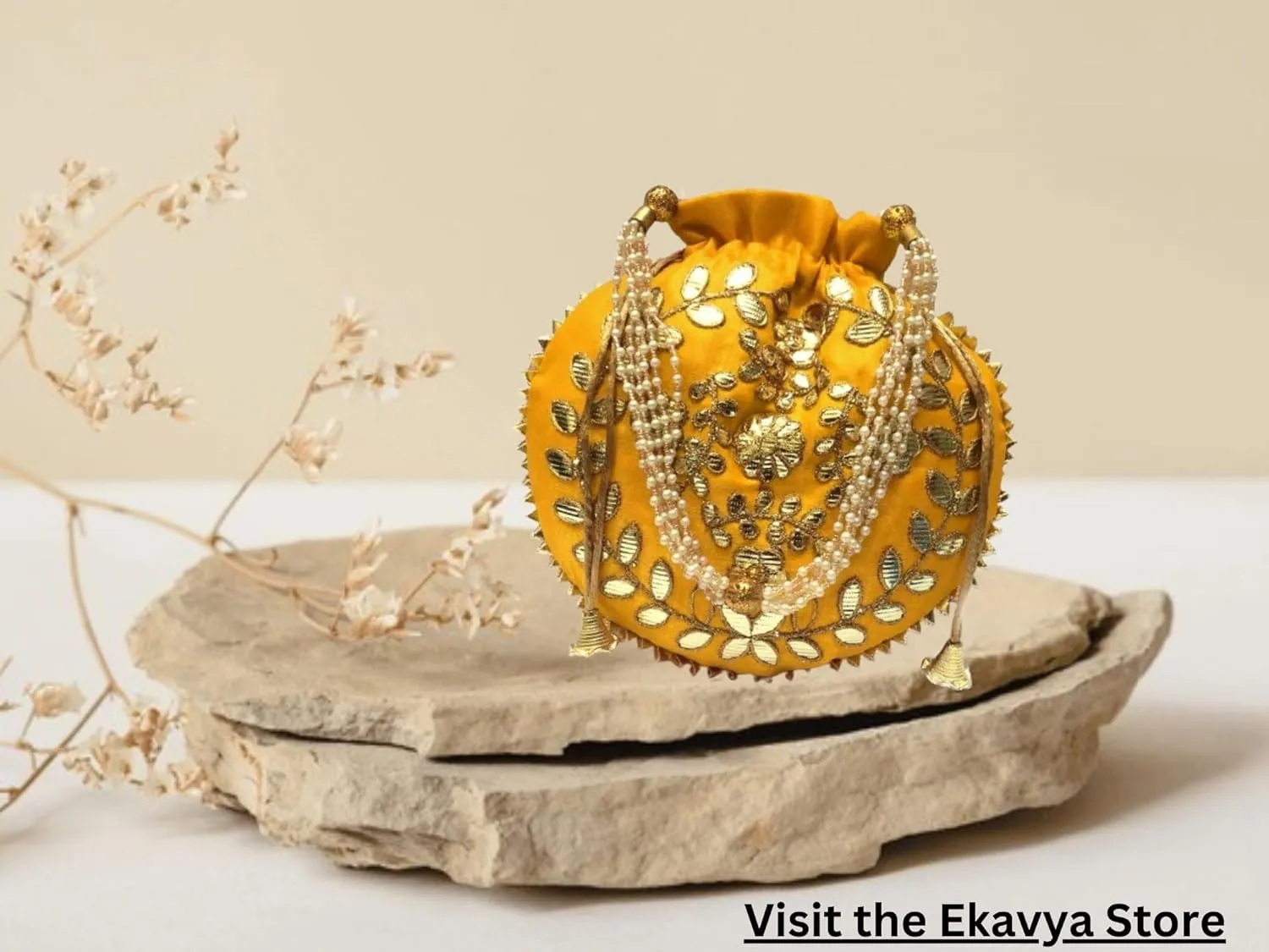 Indian Ethnic Designer Embroidered Silk Potli Bag Batwa Pearls Handle Purse Clutch Purse for Women Drawstring HL (cm) 23 * 24) Yellow