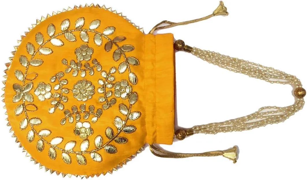 Indian Ethnic Designer Embroidered Silk Potli Bag Batwa Pearls Handle Purse Clutch Purse for Women Drawstring HL (cm) 23 * 24) Yellow