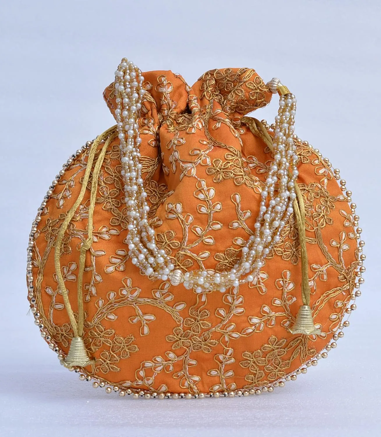 Indian Ethnic Designer Embroidered Silk Potli Bag Batwa Pearls Handle Purse Clutch Purse for Women