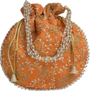 Indian Ethnic Designer Embroidered Silk Potli Bag Batwa Pearls Handle Purse Clutch Purse for Women