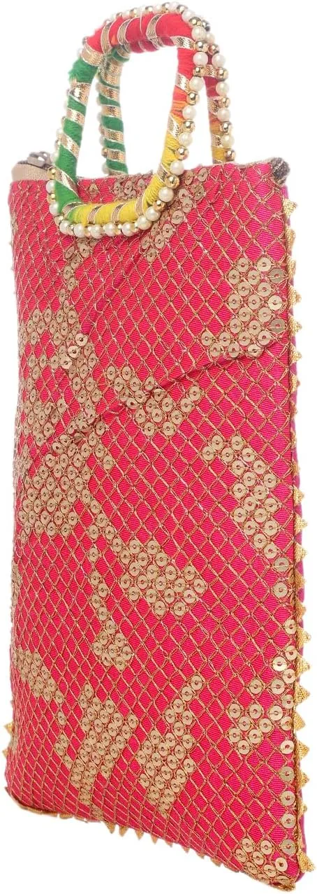 Indian Ethnic Potli bag Ladies Handbag Purse for Bridal Batwa Pearls Handle Purse Clutch Purse for Women