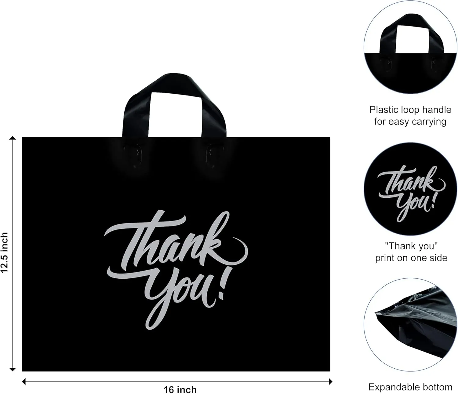 Infinite Pack Large Thank You Merchandise Bags w/Loop Handle, Glossy Boutique Bag, 3" Bottom Gusset & 3 Mil Thick