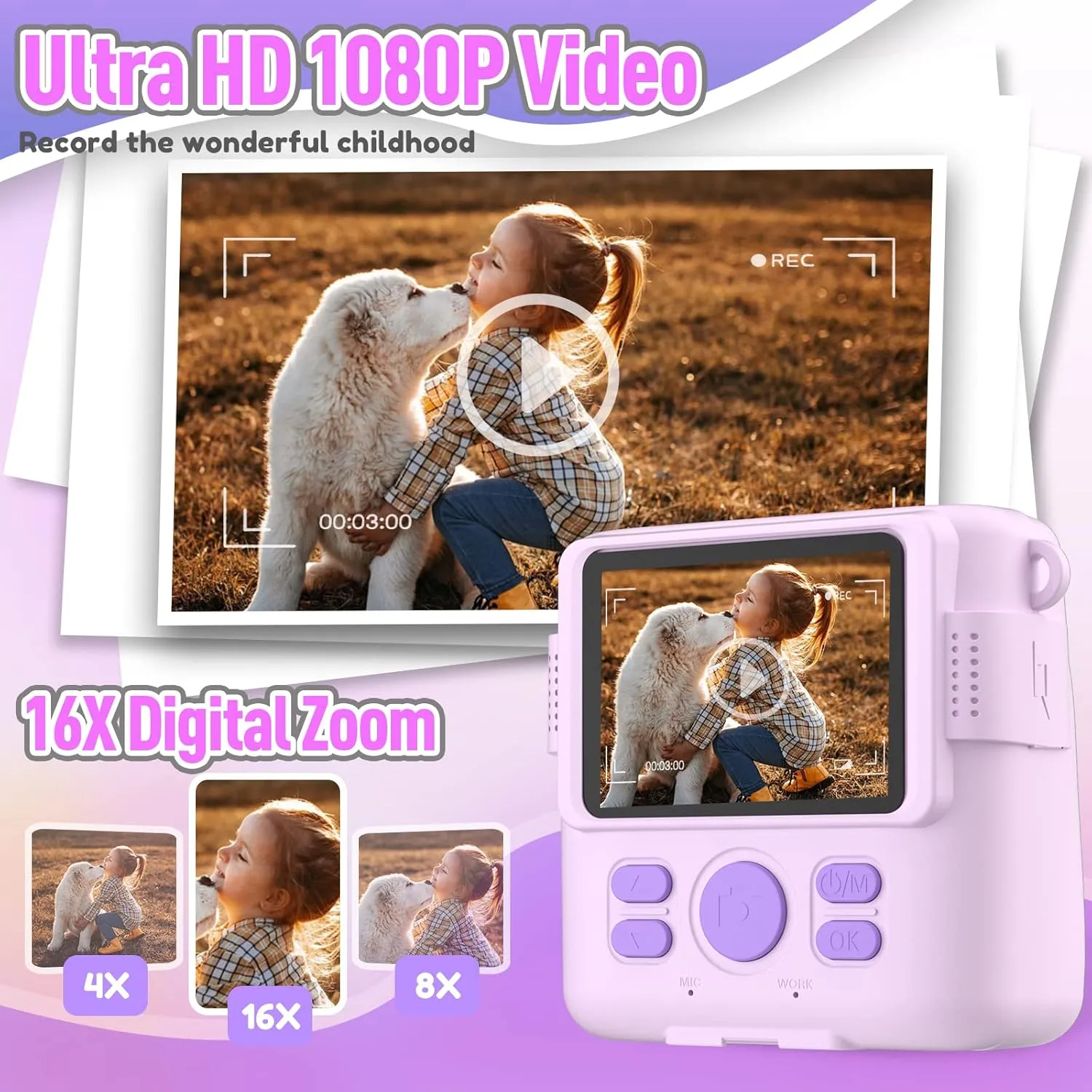 Instant Print Camera for Kids, Christmas Birthday Gifts for Girls Boys, HD Digital Video Cameras for Toddler, Portable Toy for 4 5 6 7 8 9 10 Year Old Girl with 32GB SD Card-Purple